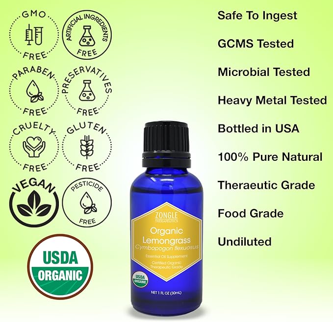 Organic, Lemongrass Essential Oil, Food Grade, Edible – 100% Pure, Lemongrass Oil, by Zongle Therapeutics, 1 OZ
