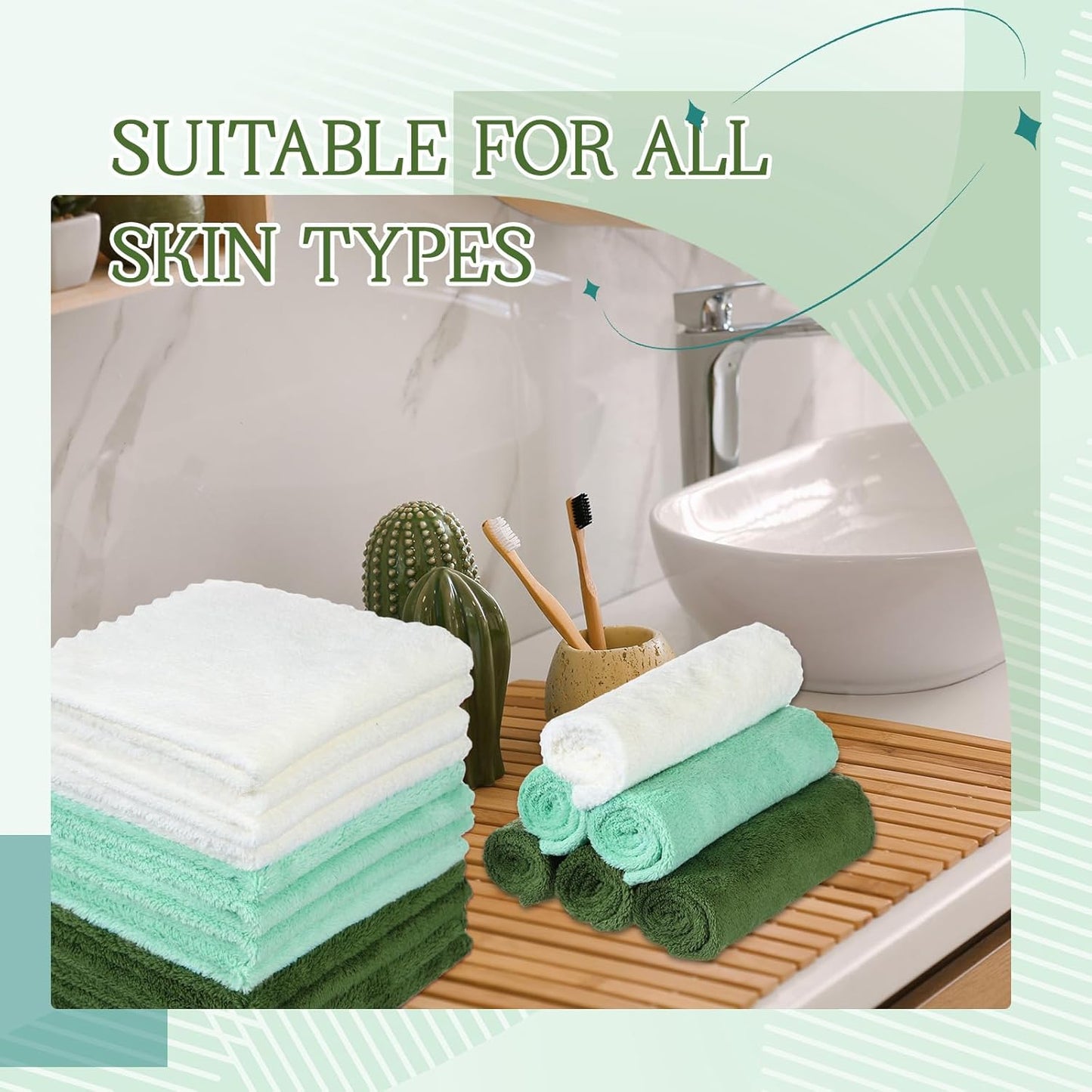 Syhood 12 Pieces Face Wash Cloth 12 x 12 in Makeup Remover Cloths Towel Coral Velvet Facial Microfiber Soft Fast Drying Facial Cleansing Towel for Face (Green Series)