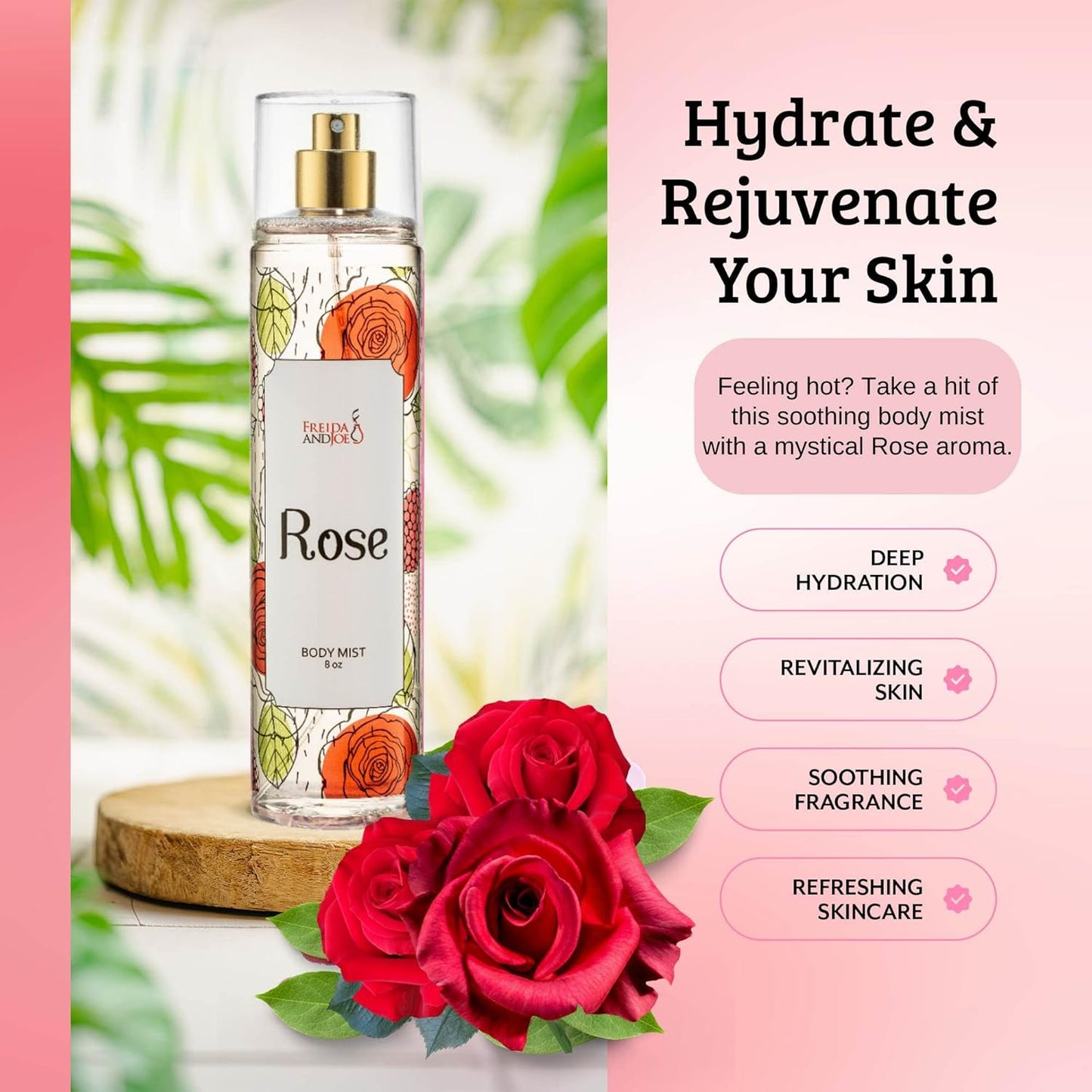 Freida and Joe Rose Elegance Fine Fragrance Body Mist Spray Capturing Timeless Allure of Blooming Roses, 8 oz Spray Bottle Ideal for Gifting, Stocking Stuffer