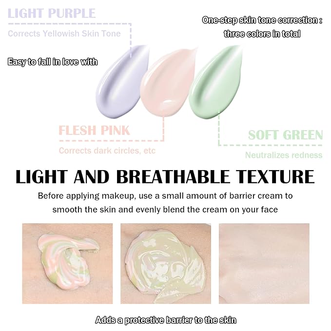 One Step Color Corrector,Color Correcting Foundation Facial Serum,Moisturizing Concealer Tri-Color Correcting Isolation Cream Face Makeup Primer Base