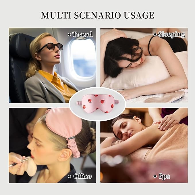 THXSILK Sleep Mask 100% 19 Momme Pure Mulberry Silk Super Smooth Cooling Decorative Sleep Eye Mask Blackout Eye Cover with Wide Head Strap, Strawberry-Pink
