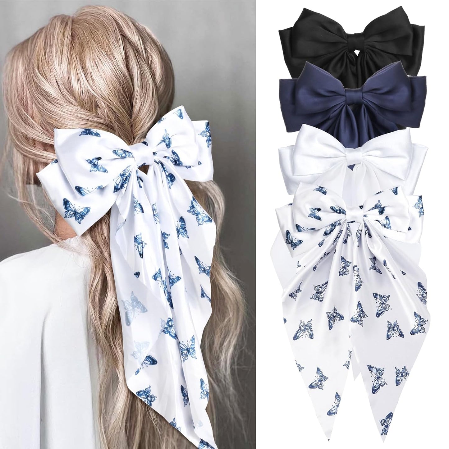 Silky Satin Hair Bows for Women Girls - 4PCS Ribbon Bows for Hair, Big Bow Hair Clips with Long Tail, Barrettes - Cute Hair Accessories Gifts (Black, Navy, Butterfly, White)