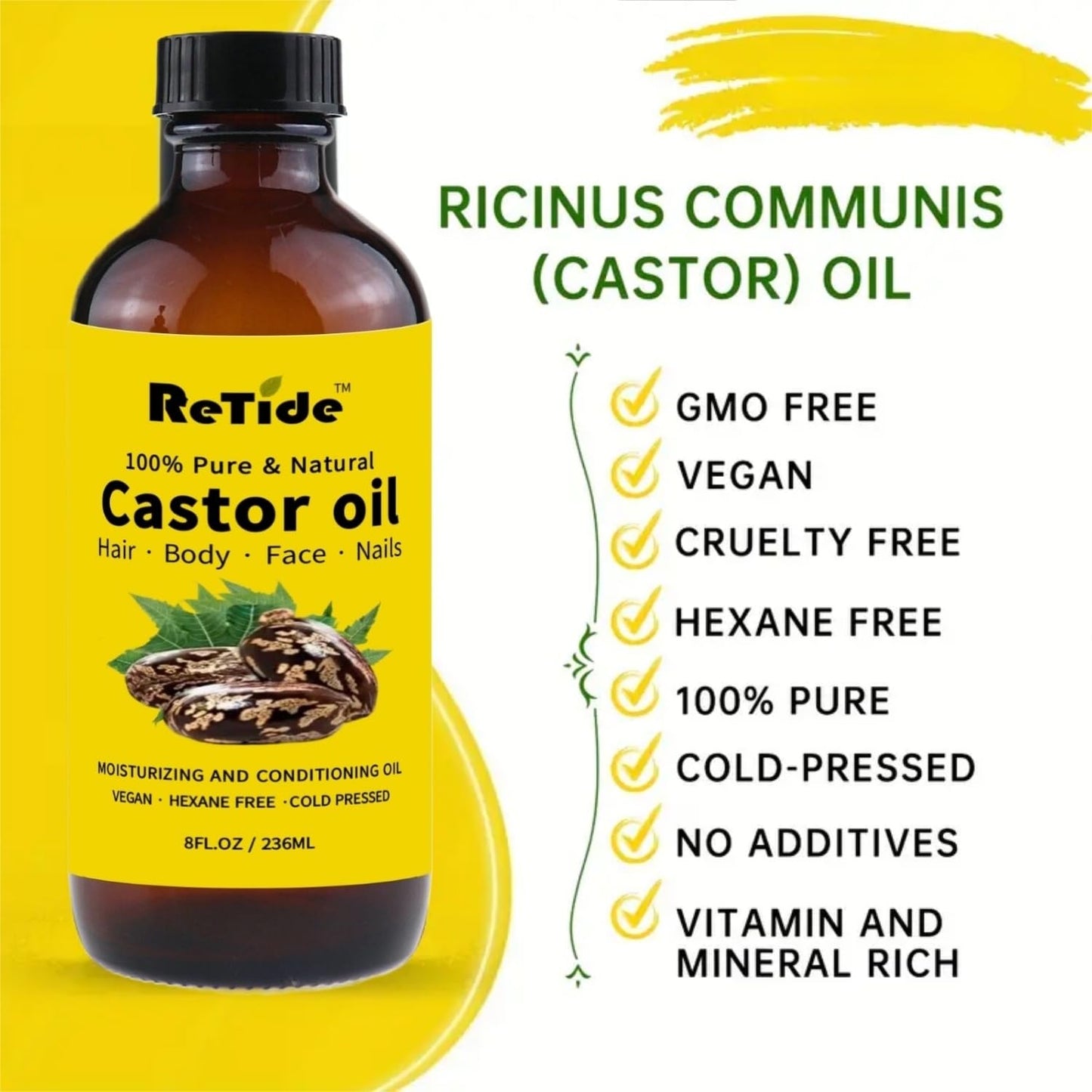 Pure Organic Cold Pressed Castor Oil, Natural Hair, Skin, Nails Treatment, Hexane Free, Amber Glass Bottle, 8 Fl Oz