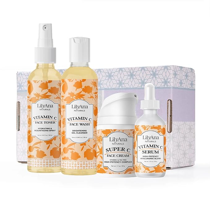 LilyAna Naturals Vitamin C Skincare Gift Set - Brightening and Anti-Aging Skin Care Products - Vitamin C Serum and Hyaluronic Acid - 4 Piece Set