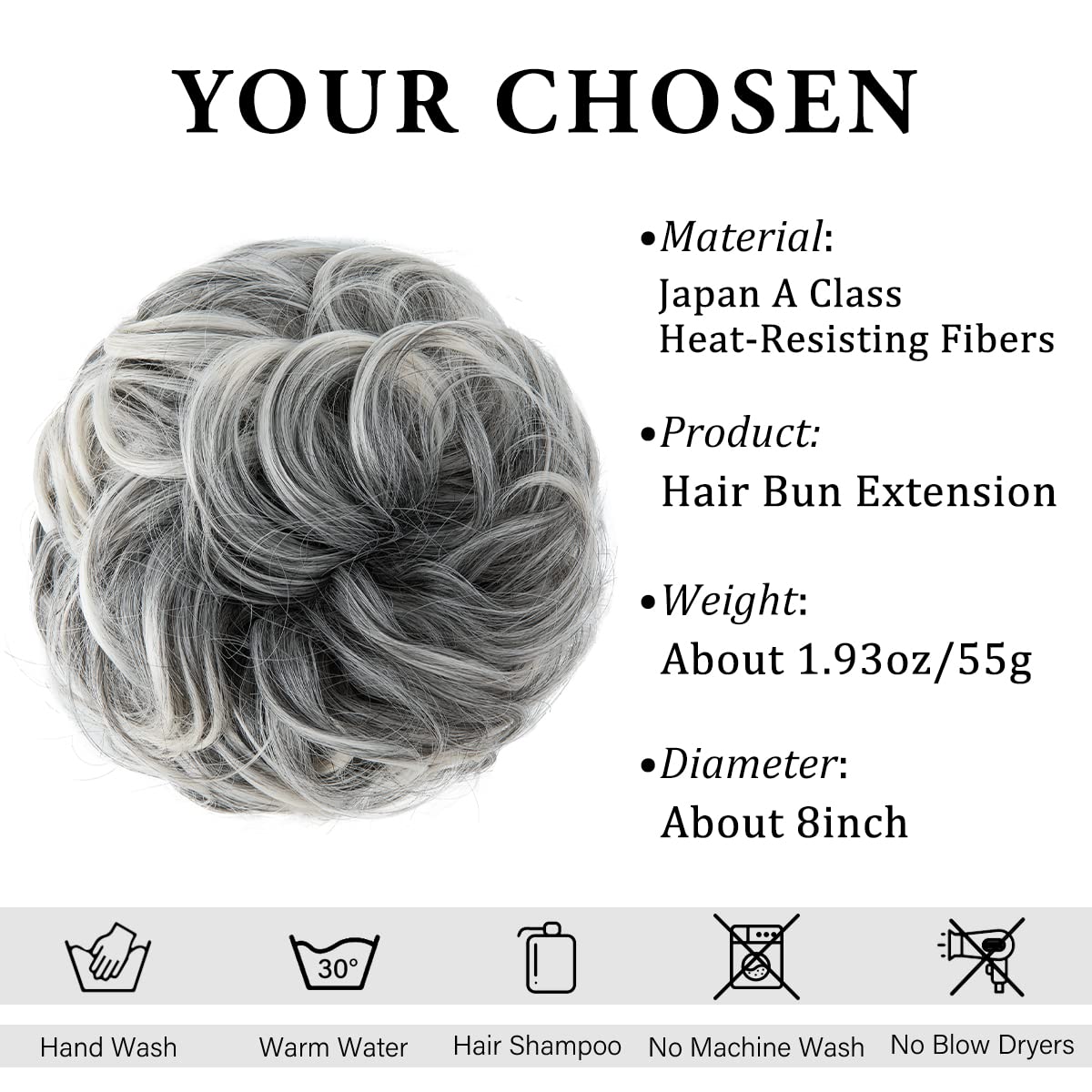 CJL HAIR Large Messy Bun Hair Piece Wavy Curly Scrunchies Synthetic Chignon Ponytail Hair Extensions Thick Updo Hairpieces for Women Salt and Pepper