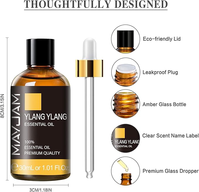 Ylang Ylang Essential Oil with Glass Dropper, MAYJAM 1.01fl.oz Ylang Ylang Oil Essential Oils for Diffusers, Humidifier, Yoga, Soap Candle Making