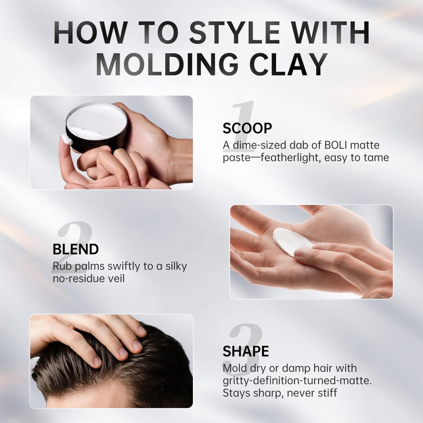 BOLI Hair Clay for Men, All Day Strong Hold Pomade, Texturizing & Matte Finish, Styling Paste for Medium, Thick, Straight, or Wavy Hair (120g)