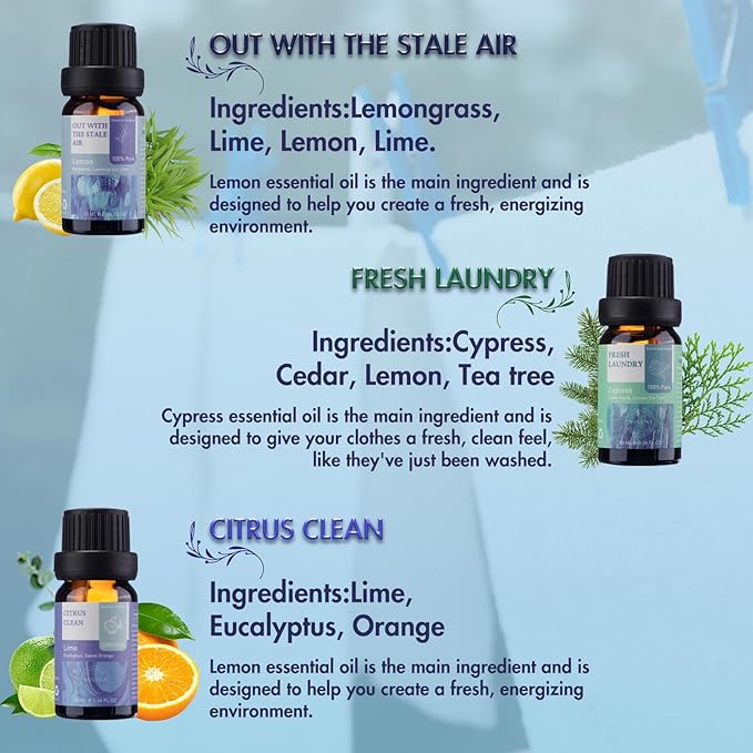 Essential Oils for Laundry - 100% Pure Essential Oils for Diffusers for Home,6x10ml(Clean)- Aromatherapy Oils for Humidifiers,Wool Dryer Balls,Clean Linen