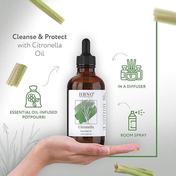 HBNO California Bottled Citronella Essential Oil 4 fl oz (120ml) - Natural Citronella Oil - Perfect for Cleaning, Aromatherapy, DIY, Soap & Diffuser - Citronella Oil Essential