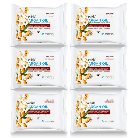 Epielle Argan Oil Makeup Remover Wipes, Gentle Daily Facial Cleanser Towelettes, Remove Dirt, Oil & Waterproof Mascara, Hypoallergenic & Alcohol-Free, 30 Count (Pack of 6)