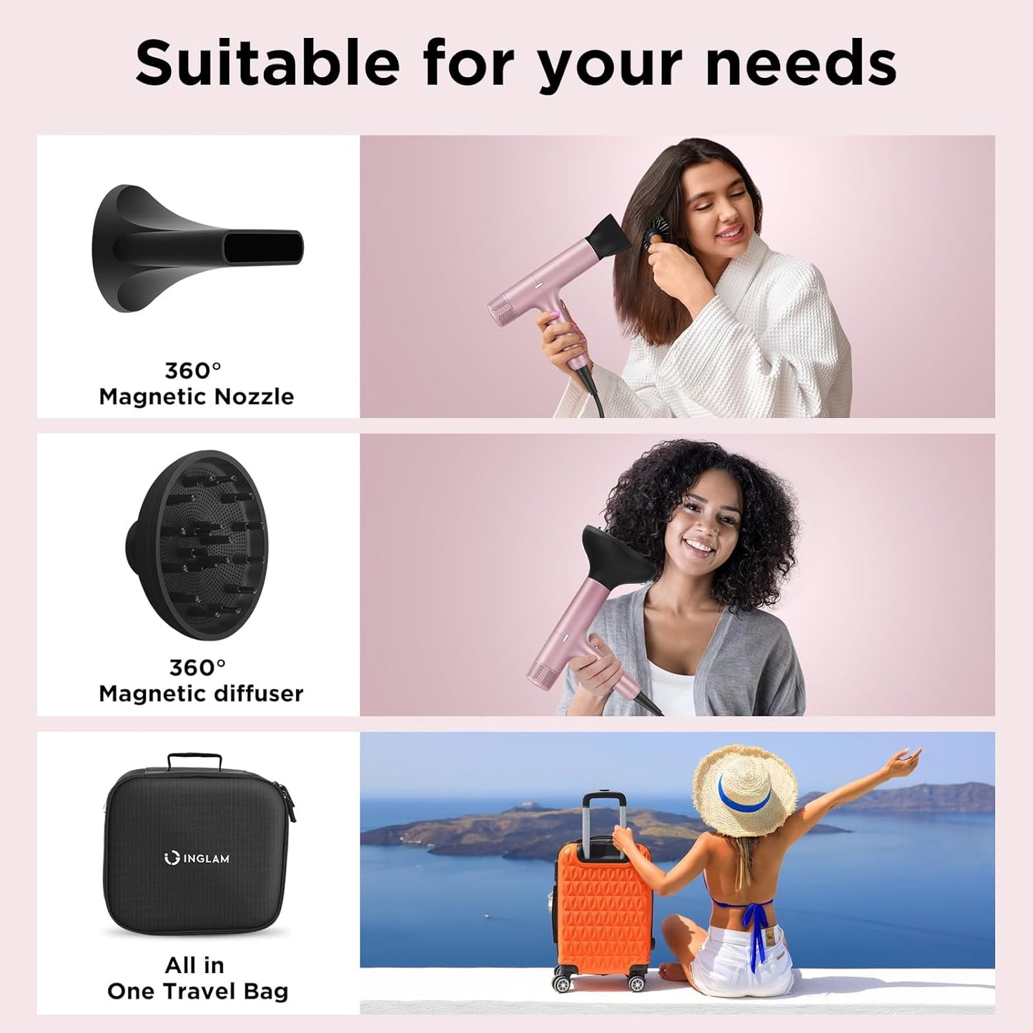 Hair Dryer, IG INGLAM 110, 000 RPM High-Speed Blow Dryer with LED Display, 1300W Low Noise Negative Ionic Hairdryer, 3 Temps & 3 Speeds Cool Switch & Memory Function, Lightweight, Rose Pink