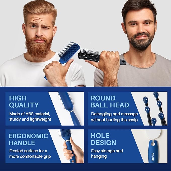 RHOS Hair Brush for Men - Detangler and Styling Brush with Nylon Bristles for Wet and Dry Hair, Massage Function, Suitable for Bangs, Thin, Short, and Thick Hair (1 Pack - Blue)
