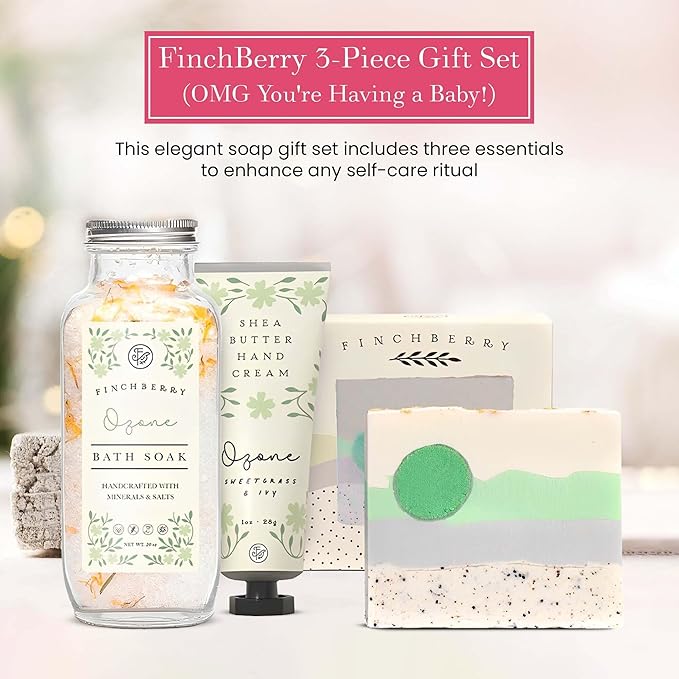 FinchBerry 3-Piece Gift Set - OMG You're Having a Baby! - Baby Shower Gift, New Mom Care Package for Sister, Wife, Friends & Family - With Handmade Soap (4.5 oz), Bath Soak (20 oz) & Hand Cream (1 oz)