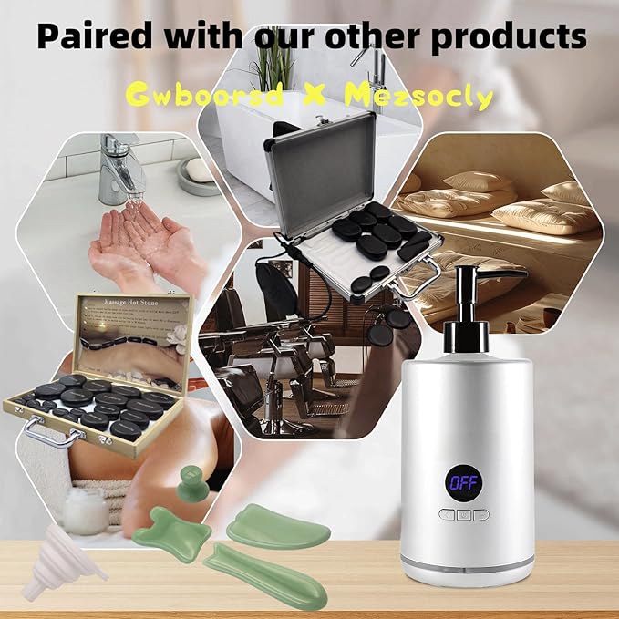 Oil Warmer for Massage, Massage Oil Warmer for Scented Oil, Oil Warmer, Body Oils Heater for Spa, Salon,with 2 Oil Bottle Dispensers, 1 White Funnel,Temperature Control, Atmosphere Lights, Silver