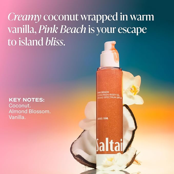 Saltair SPF Body Oil - Broad Spectrum SPF 50 PA++++ Sunscreen. Lightweight Dry Oil with Sun Protection and Moisturizing Kukui & Mongongo Extracts. Pink Beach Scent, 4floz Vacation Essential
