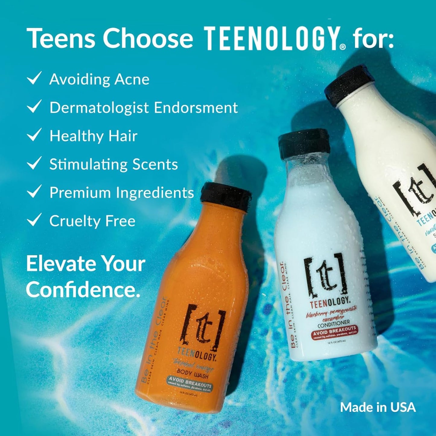 Teenology Shampoo for Teens - Avoid Forehead and Body Acne - No Sulfates or Parabens, Noncomedogenic, Natural Botanical Extracts, 16 oz. (Sweet Mint)