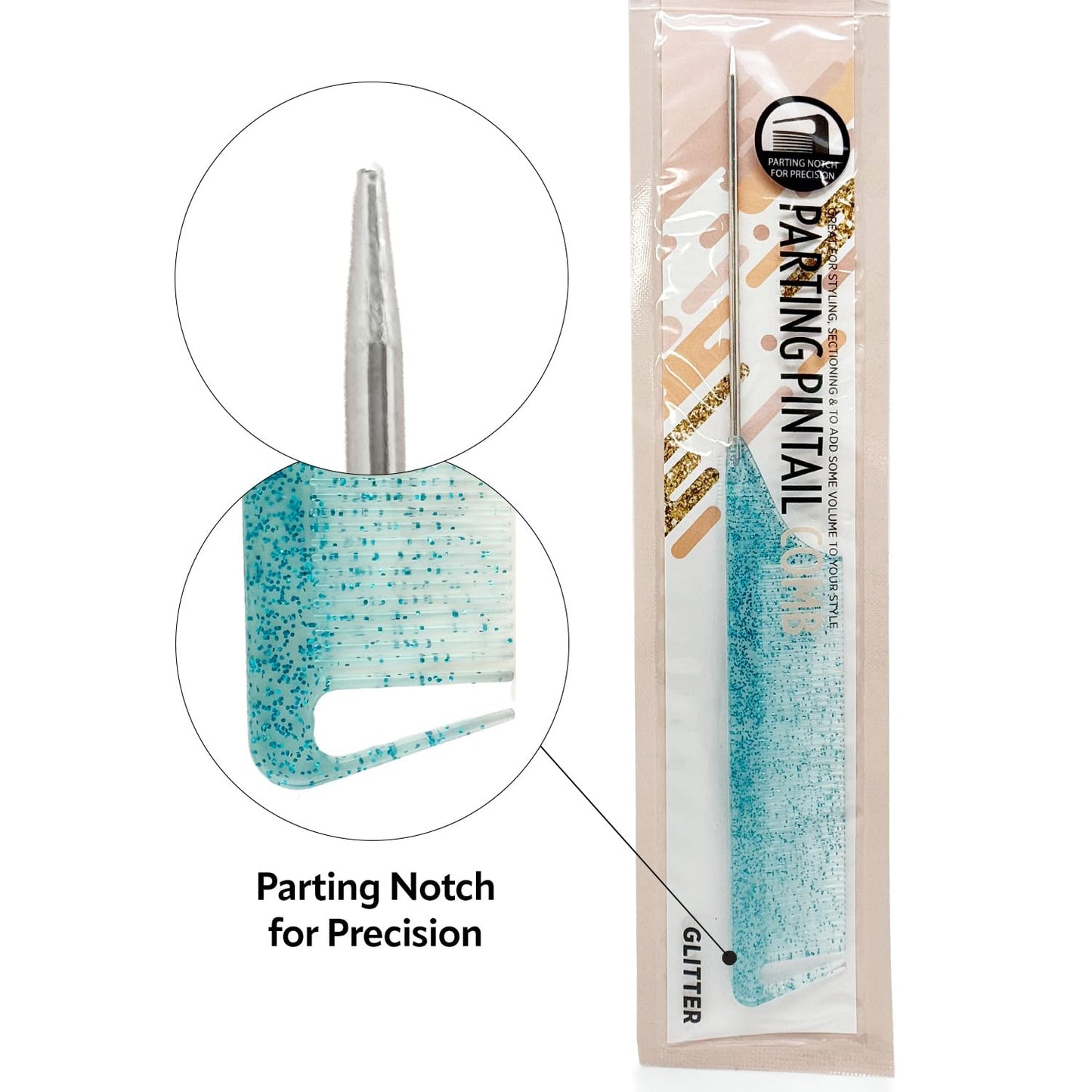 Donna Pin Tail Parting Comb – Heat Resistant Teasing Tool, BLUE GLITTER 1PC