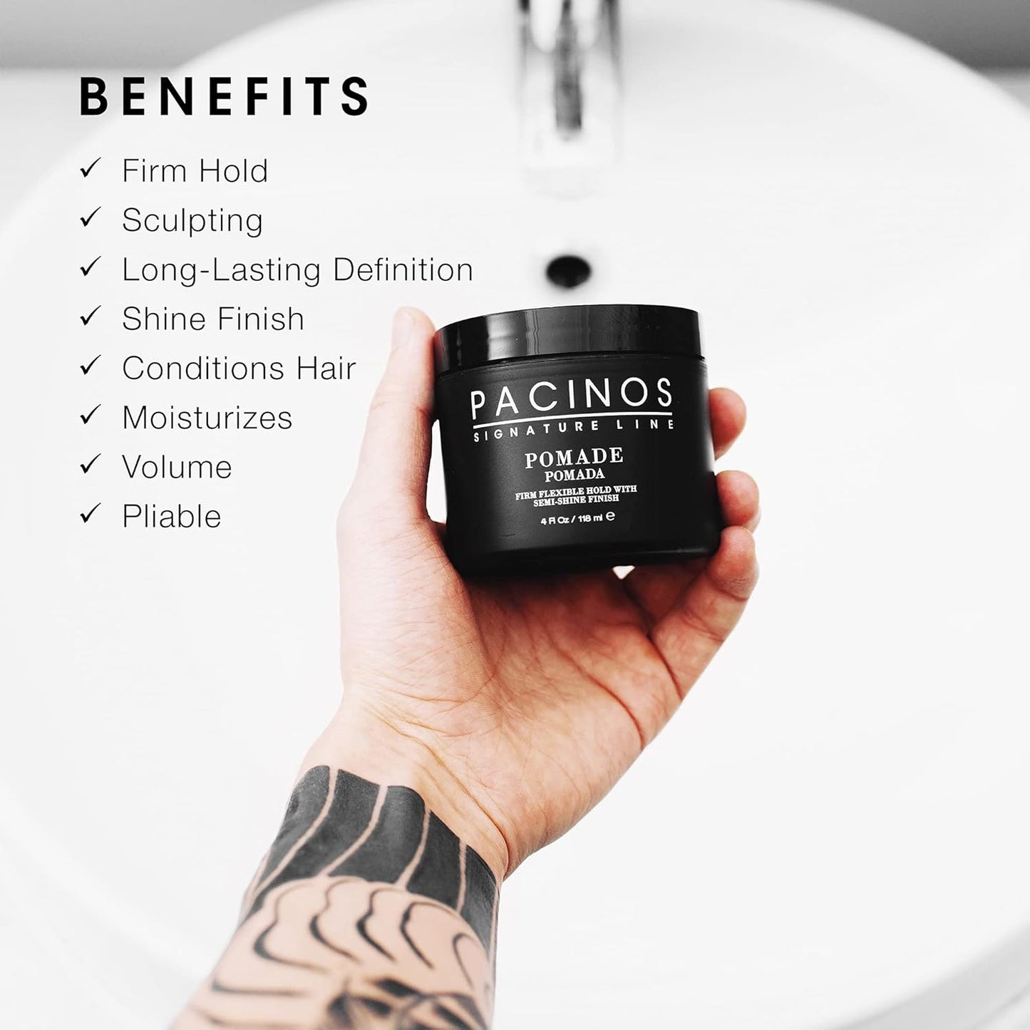 Pacinos Pomade - Flexible Hold, Frizz Control - High Shine Pomade for All Hair Types - 4oz