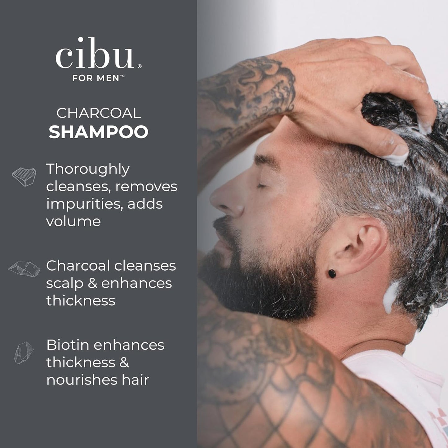 CIBU for Men Charcoal Shampoo - 12oz Deep Clean Shampoo for Healthier Hair & Scalp - Removes Dirt and Oil, Boosts Volume, Enhances Thickness, and Revitalizes Scalp