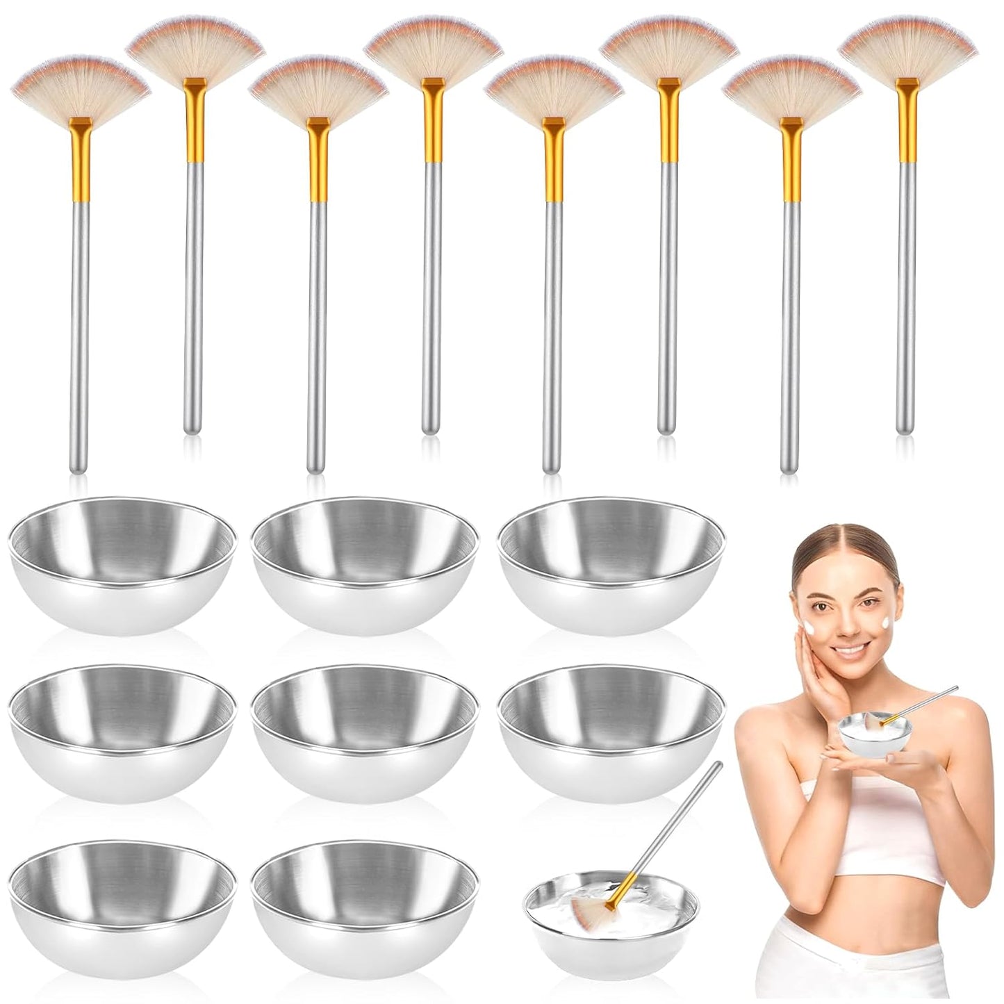 16 Pcs Silver Esthetician Supplies 8 Facial Fan Brushes Esthetician 8 Silver Stainless Steel Mixing Bowls Face Mask Brush Facial Bowls Esthetician for Mud Cream Makeup Spa Salon Women
