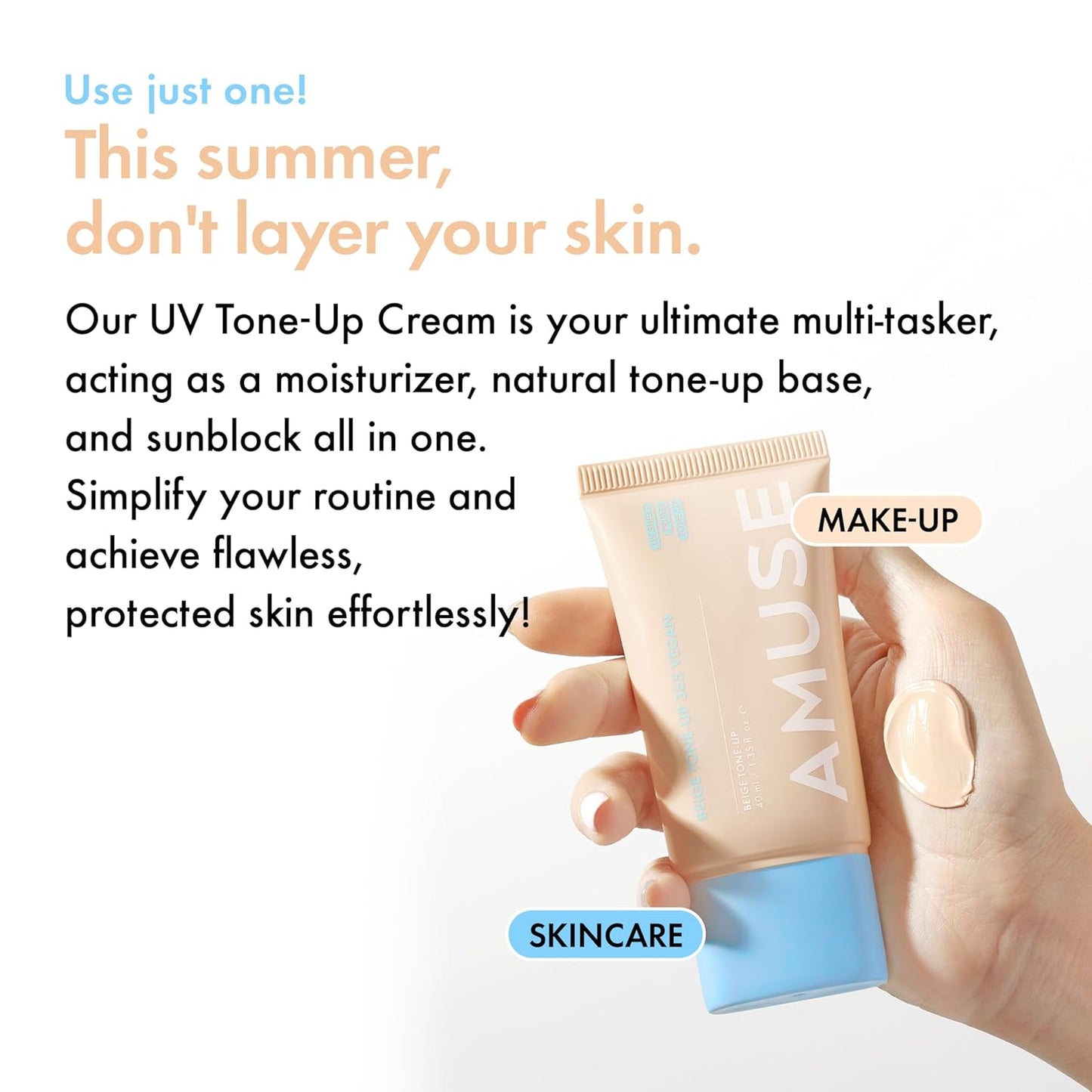 Amuse SEOUL 365 Vegan Beige tone Up Cream | Summer Foundation, Base-skip Tone Up, Beige Color, Natural Coverage, Lightweight, Non-Sticky Facial Lotion, Glow Finish (40ml)