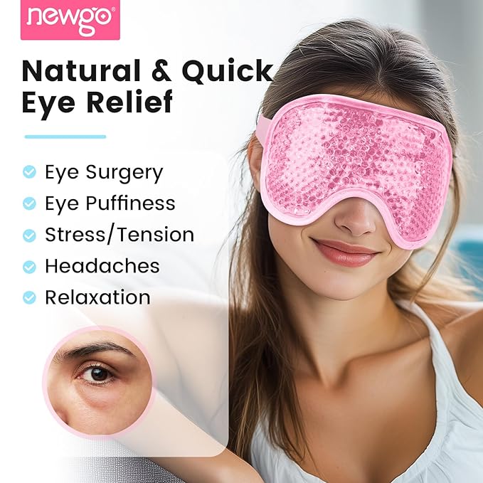 NEWGO Cooling Gel Cold Eye Mask for Puffy Eyes, Reusable Ice Pack with Soft Plush Backing for Dark Circles, Migraine, Stress Relief - Pink