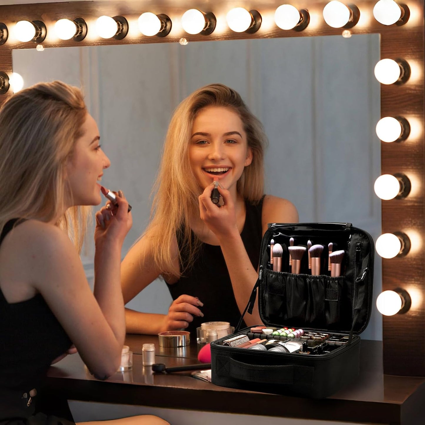 gzcz Travel Makeup Bag,Portable Makeup Case for Women,Professional Cosmetic Train Case Organizer Artist Storage Bag With Adjustable Dividers Brushes Toiletry Jewelry Digital Accessories