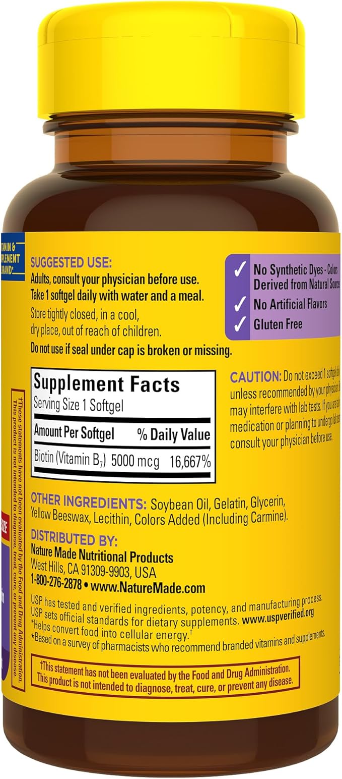 Nature Made Maximum Strength Biotin 5000 mcg, Dietary Supplement may help support Healthy Hair, Skin & Nails, 120 Softgels