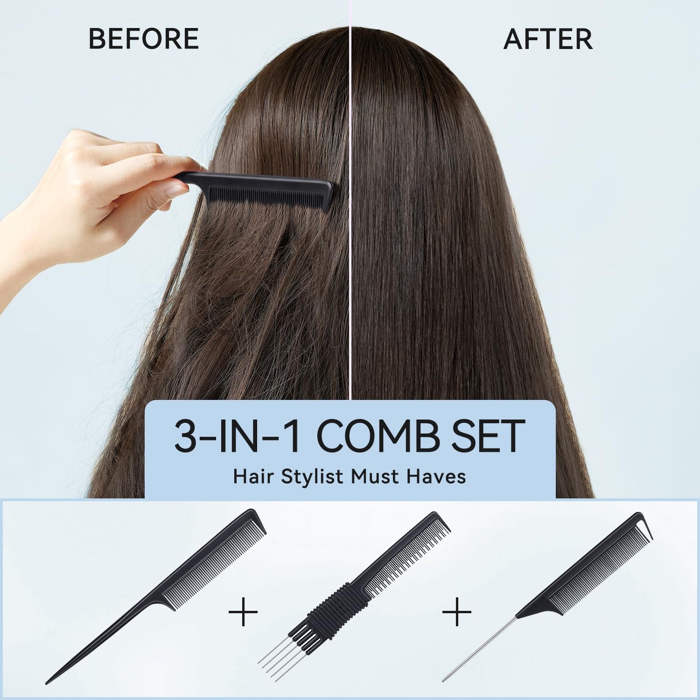 TsMADDTs Rat Tail Combs for Women and Men, 3PCS Hair Combs Set for Braiding, Parting, Styling, Fine Tooth, Black