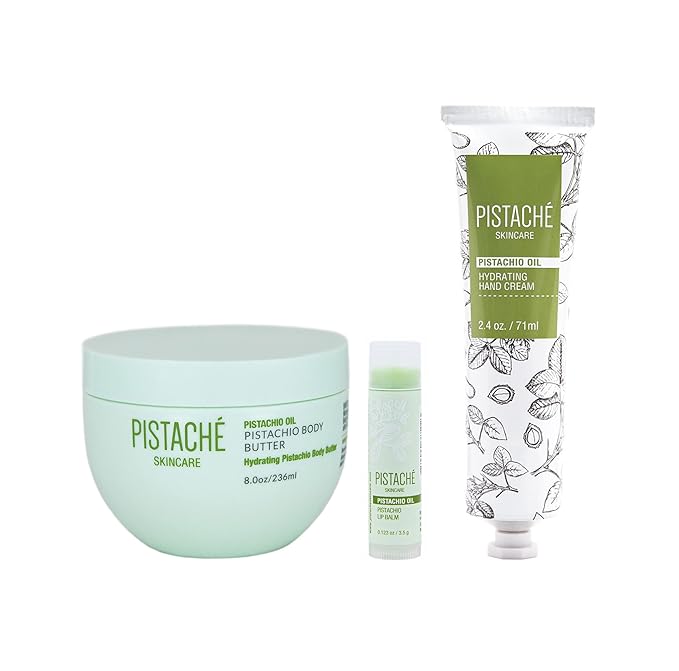 Pistaché Skincare Pistachio Oil Essential Body Care Trio Set + Whipped Body Butter + Hand Cream + Lip Balm + Moisturizing + Softening + Vitamin E + Antioxidant Protection