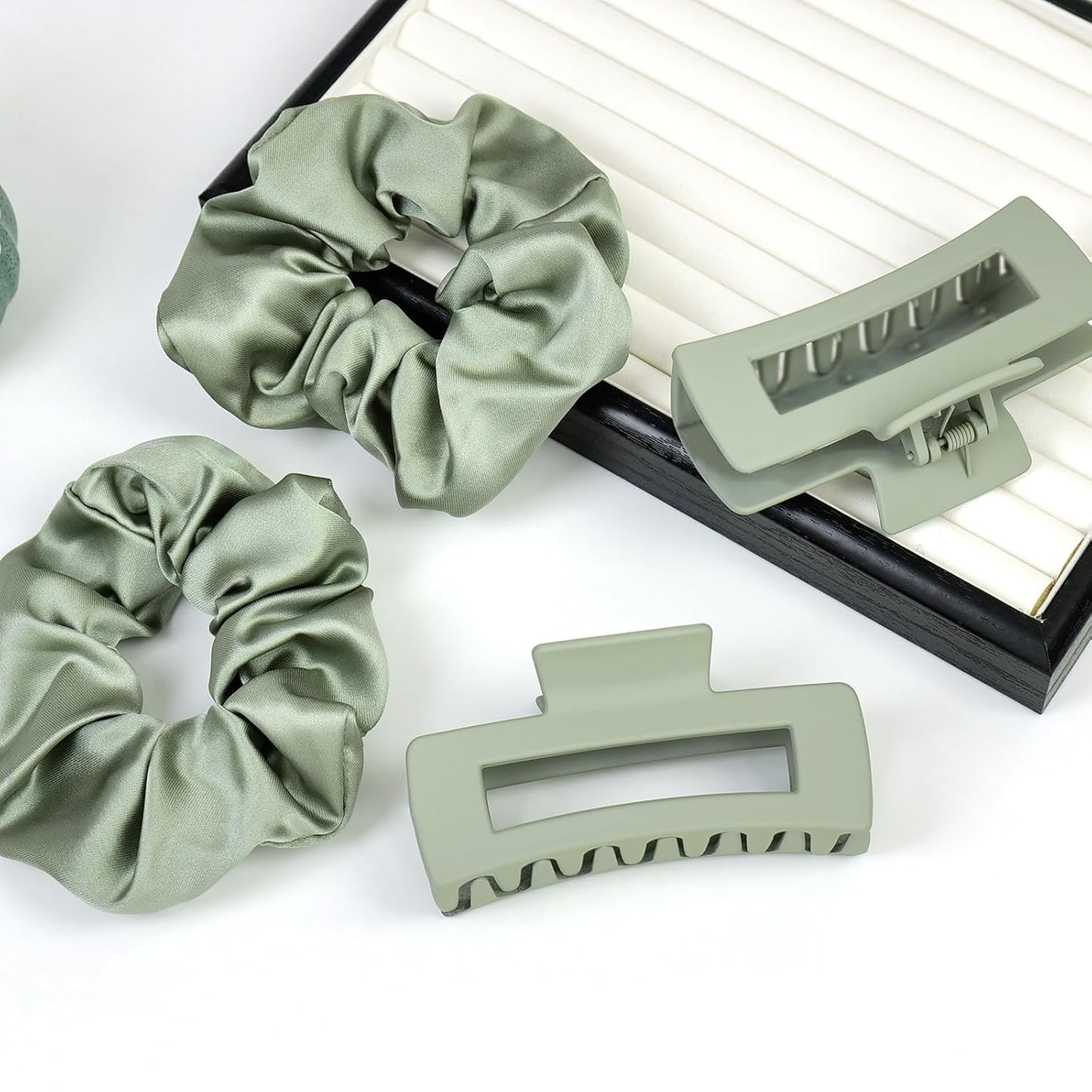 8Pcs Green Hair Clips and Scrunchies Set - Square Hair Claw Clips for Women, Medium Non-Slip Matte, Large Satin Scrunchies for Thick Thin Hair Accessories, Gift for Her