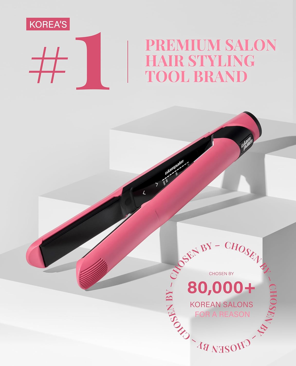 GLAMPALM Hair Straightener 1" Ceramic Flat Iron Infused with Vita C, Korea's No.1 Professional Salon Tool, 3D Swivel Cord & Dual Voltage, Digital LED(210°–450°), 20s Fast Heat-Up, Blush Pink (GP201T)