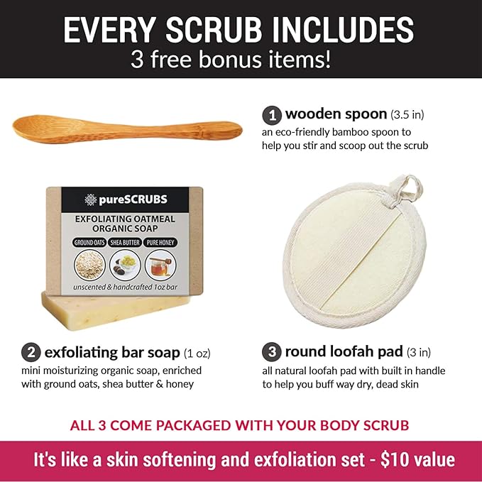 pureSCRUBS Premium Vanilla Body Scrub Set - Large 16oz Dead Sea Salt Body Scrub With Infused Essential Oils & Nutrients, Includes Wooden Spoon, Loofah & Oatmeal Exfoliating Bar Soap