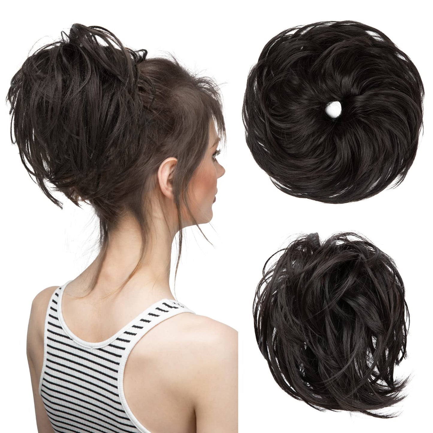 CJL HAIR Large Messy Bun Hair Piece Wavy Curly Scrunchies Synthetic Chignon Ponytail Hair Extensions Thick Updo Hairpieces for Women Black Brown