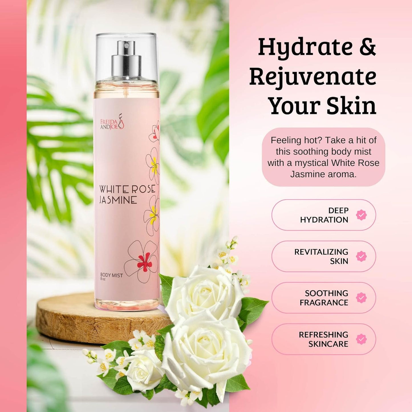 White Rose Jasmine Body Spray for Women, Womens Perfume Fragrance Body Mist And Sprays Luxury Perfume Mist - 8 oz Fine Spray Bottle