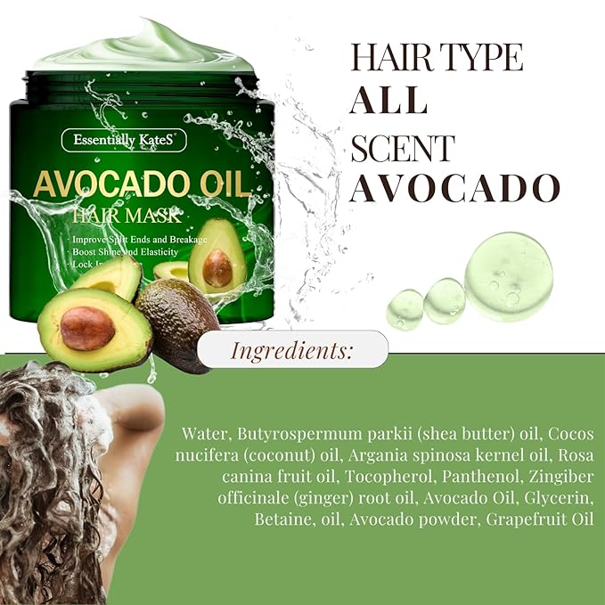 Avocado Oil Hair Mask 8 Fl Oz - 100% Pure Avocado Oil, Intensive Conditioning Treatment, Texture Styling, Protective Mask, Natural Ingredients