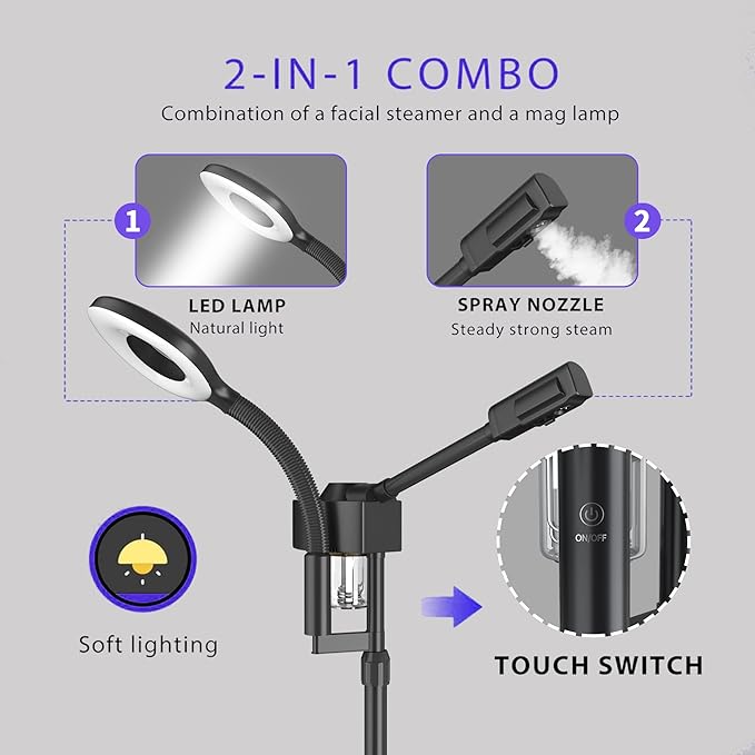 Facial Steamer with Magnifying Lamp, Professional Facial Steamer for Esthetician, 2 in 1 Ozone Steamer for Face Professional, Face Steamer for Facial Deep Cleaning.