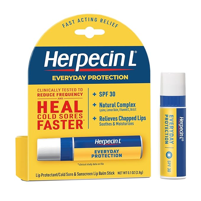 Herpecin L Lip Balm Stick; Cold Sore Sun & Fever Blisters and Chapped Lips Relief Lip Balm with SPF30, Lemon Balm, and Lysine, 0.1oz