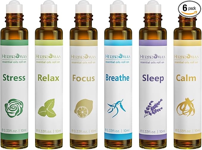 Aromatherapy Essential Oils Roll On Set, Natural Pre-diluted Blend Oils for Skin Use, Relaxation Gift for Women & Men, Pack 6 x10ml