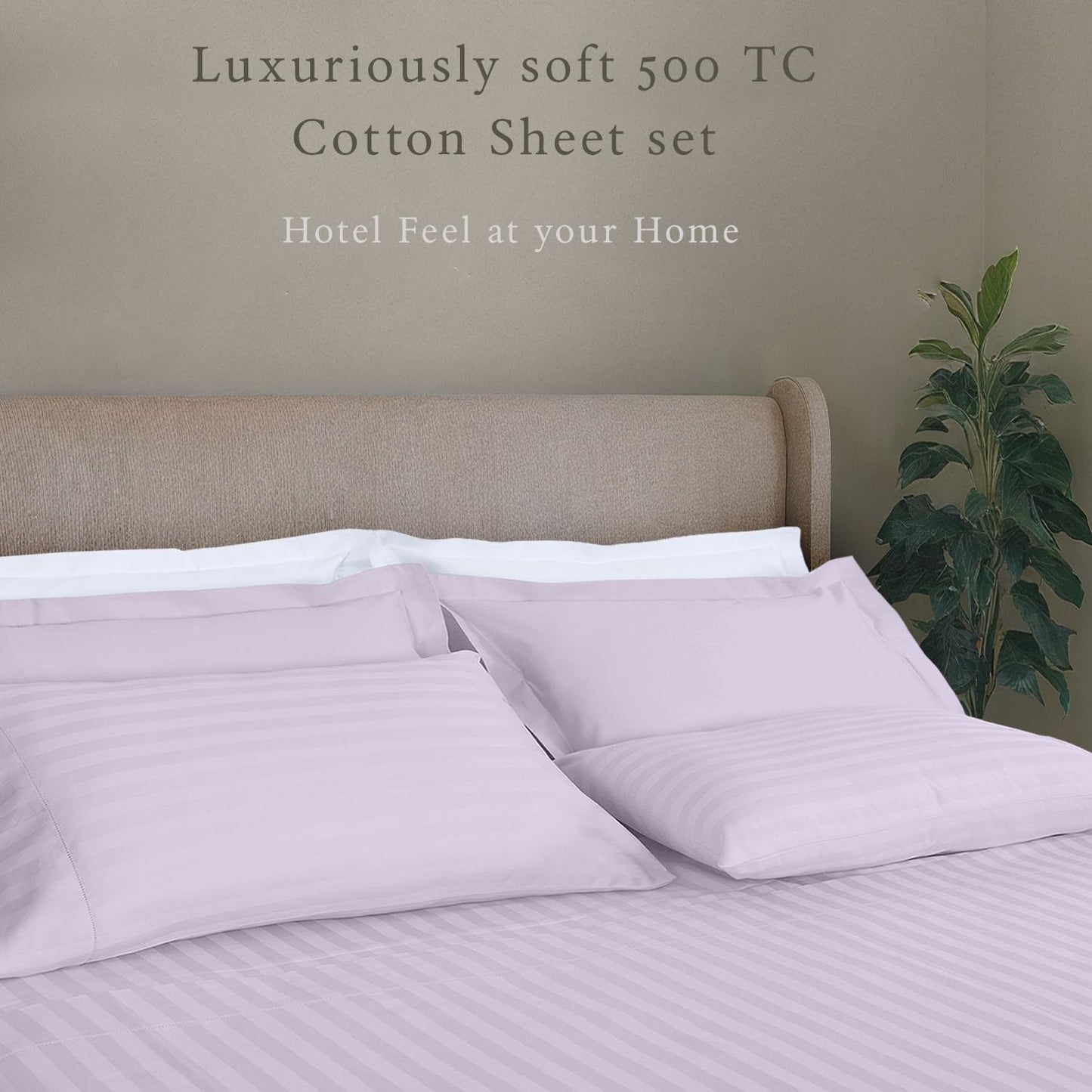 Threadmill 500 Thread Count King Size Damask Stripe, 4 Pc Luxury Cotton Bed Sheet Set, Silky Soft & Breathable Lilac Sheets with 16" Elasticized Deep Pocket, 2 Pillowcases & Free Tote Bag