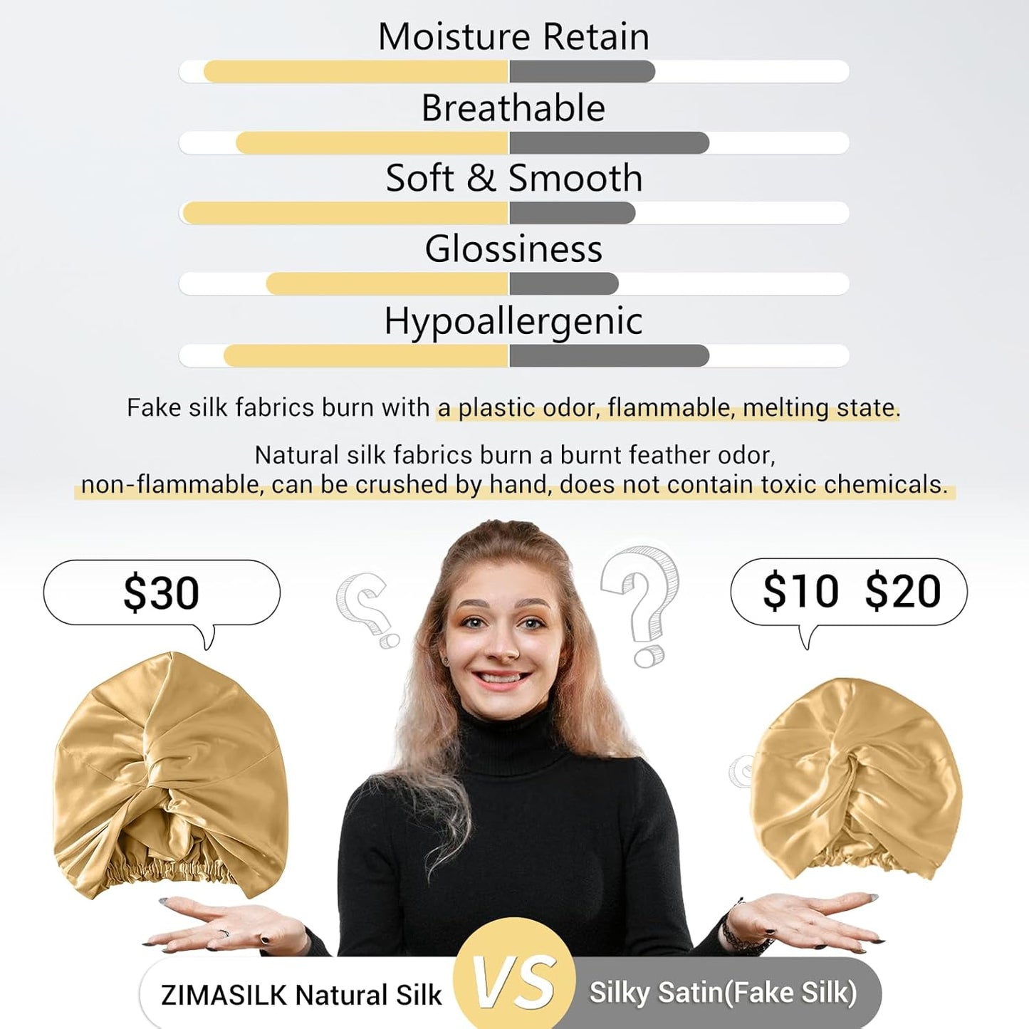 ZIMASILK 22 Momme 100% Mulberry Silk Bonnet for Sleeping & Women Hair Care, Highest Grade 6A Silk Hair wrap for Sleeping with Premium Elastic Stay On Head (1Pc, Golden)