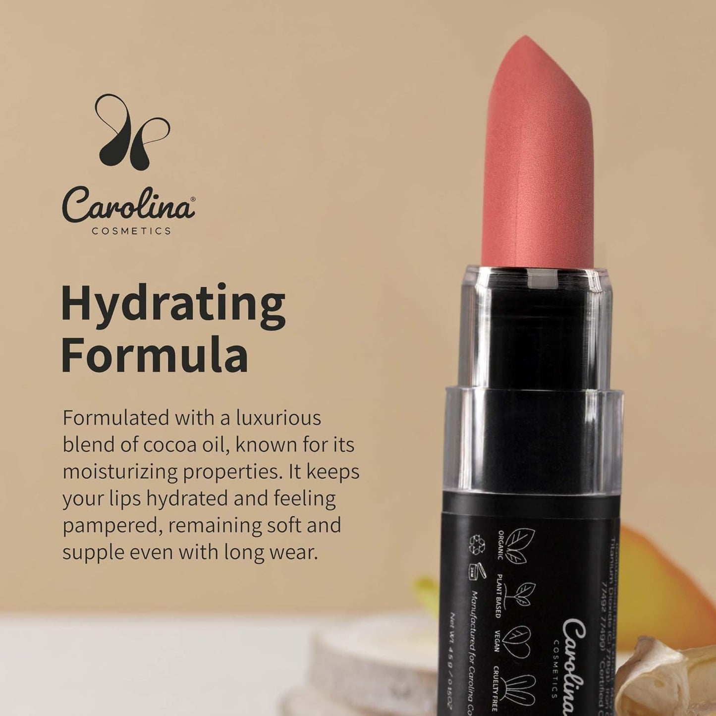 Carolina COSMETICS - Plant-Based Moisturizing Lipstick - Japa Mala Shade 0.15oz- Hydrating with Cocoa Oil, Gluten-Free, Vegan, Non-GMO, Paraben-Free - Lightweight Cream Texture
