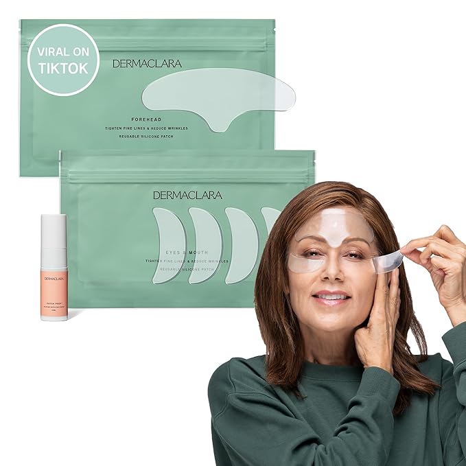 Dermaclara Face Patches Kit - Anti Wrinkle Patches for Forehead, Smile Lines, Silicone Anti-Wrinkle Frown Line Treatment, Up to 30 Uses - Kit: 1 Forehead, 2 Mouth, 2 Eye Patch & 1 Patch Prep Cleanser
