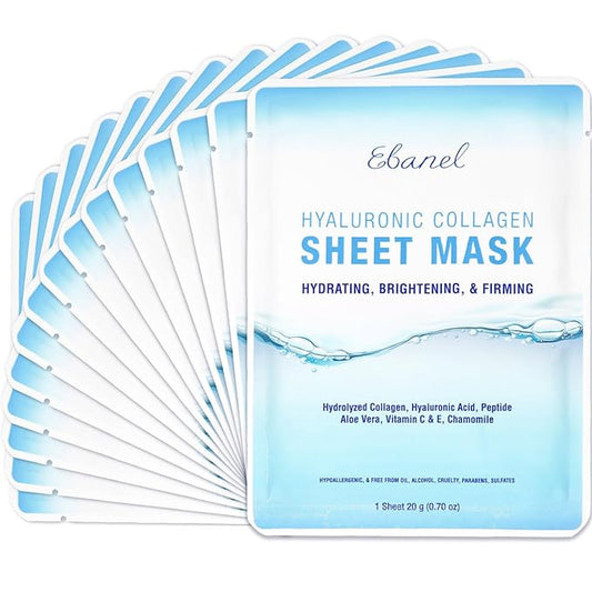 Ebanel 15 Pack Collagen Peptide Hydrating Face Masks, Instant Brightening Firming Anti Aging Face Sheet Masks, Moisturizing Spa Facial Mask Skincare with Hyaluronic Acid, Vitamin C, Chamomile, Aloe