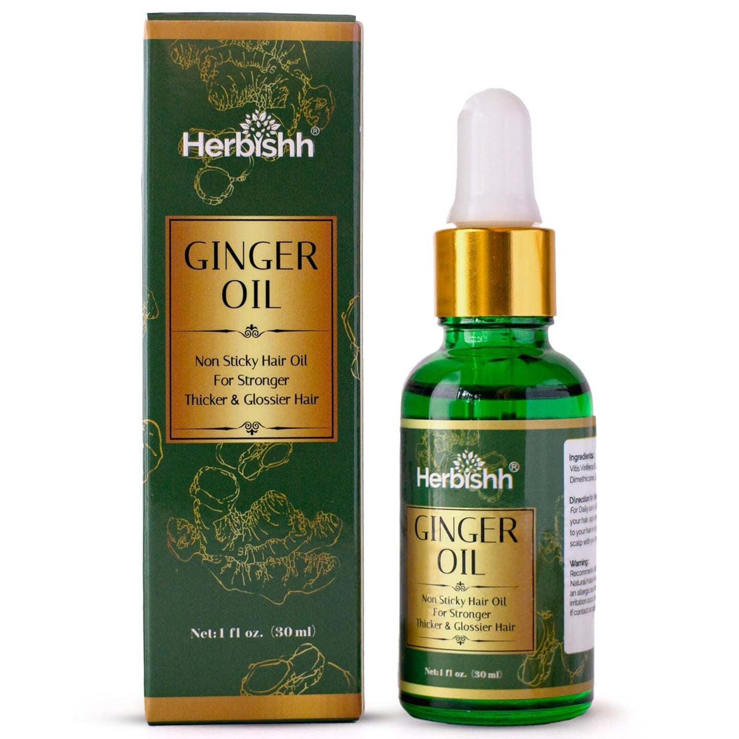 Herbishh Ginger Hair Oil - Fast Thickening and Regrowth Serum for Dense Hair - Best Compact 30ml Care Product for Women & Men