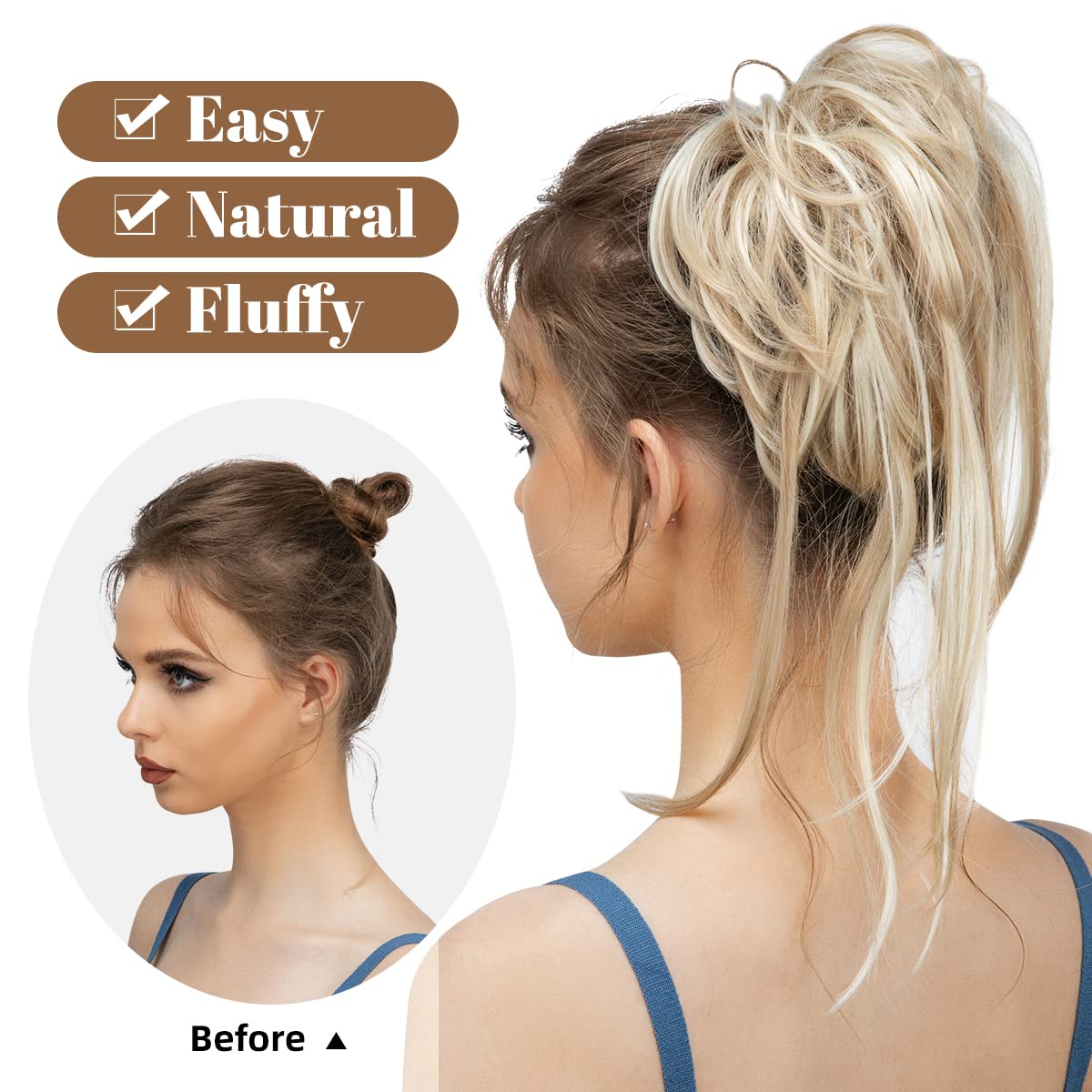 CJL HAIR Messy Bun Hair Piece Curly Hair Bun Extensions with Straight Tails Synthetic Hair Scrunchies Ponytail Hairpieces for Women Ash Blonde/Beach Blonde