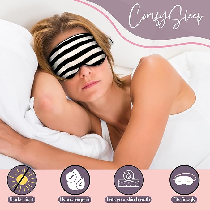 CELESTIAL SILK Mulberry Silk Sleep Eye Mask with Adjustable Elastic Strap (Adjustable, Black/White Stripe)