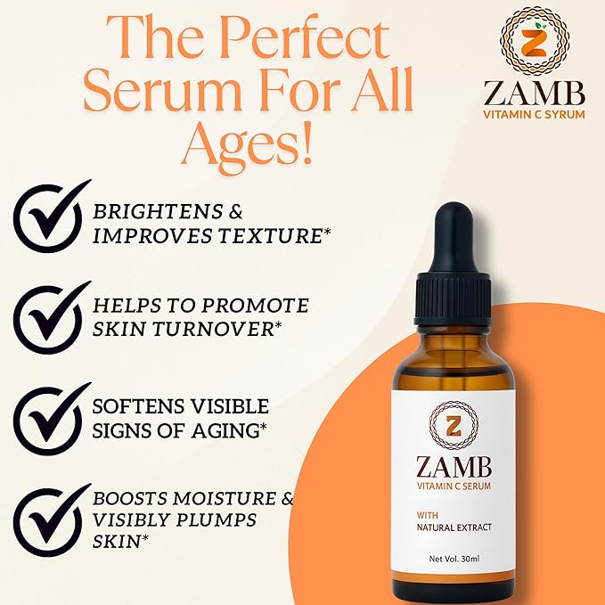 Zamb 15% Vitamin C Face Serum for Glowing Skin – Anti Aging, Hydrating, Brightening, Dark Spot Remover, Even Skin Tone, With Hyaluronic Acid & Natural Extract, For all type of skin – 1 fl oz