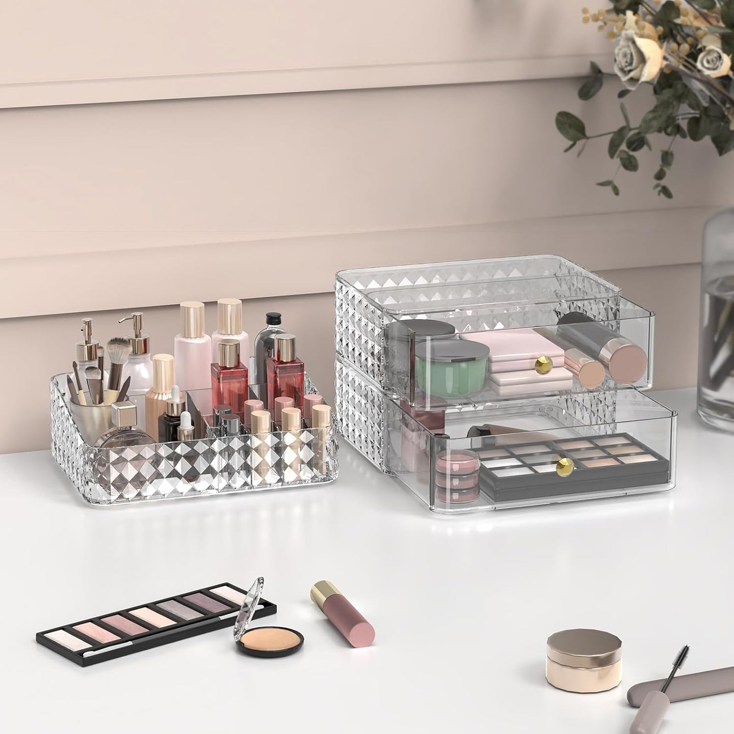 Makeup Organizer for Vanity, Stackable Cosmetics Organizer and Storage, Cosmetic Display Cases with 2 Drawers and 1 Tray for Makeup Brush, Hair Accessories, Lipstick and Jewelry, Clear