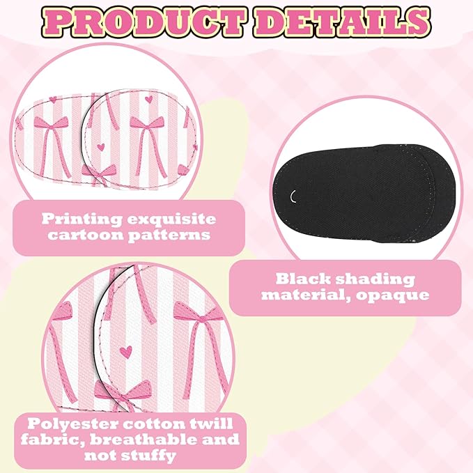 Newcotte 12 Pcs Eye Patch for Kids Toddler Reusable Adjustable Girls Boys Eyepatch for Glasses Left or Right Eye Patch, Assorted Patterns (Pink Coquette Bow)